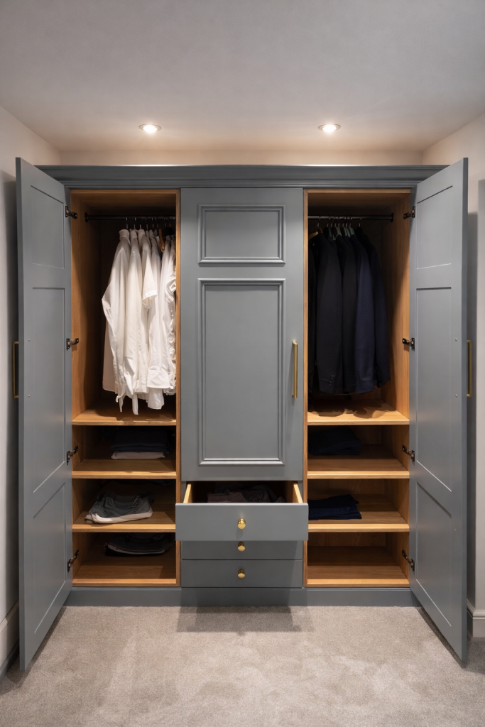 Open shaker wardrobe showing oak interior, hanging rails, shelving and drawers with premium brass hardware