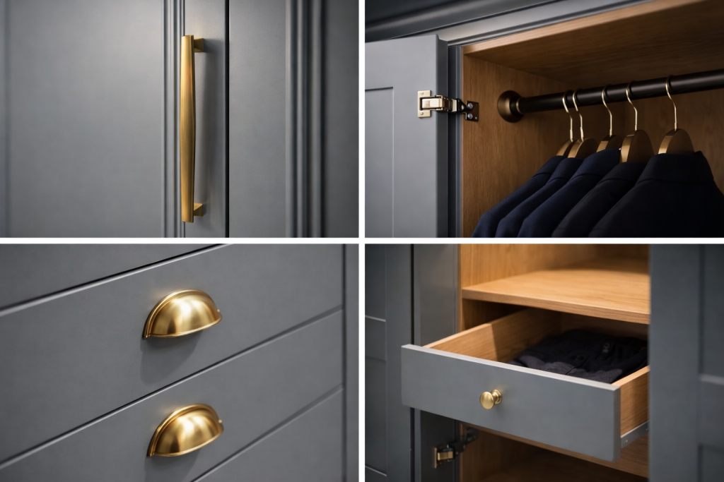 Traditional brass hinges on shaker wardrobe door showing quality craftsmanship and detailing
Classic brass cup handles on shaker wardrobe drawers with precise alignment
Oak drawer interior with smooth runners inside bespoke fitted wardrobe
