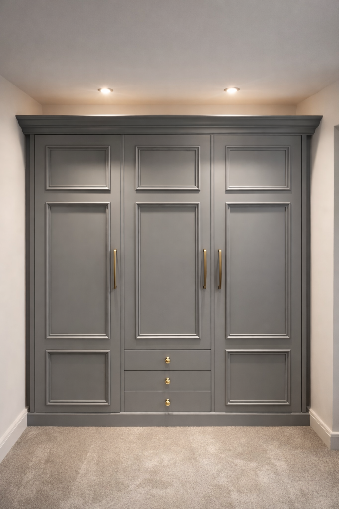 Custom fitted shaker wardrobe with integrated drawers and brass hardware, professionally spray painted finish